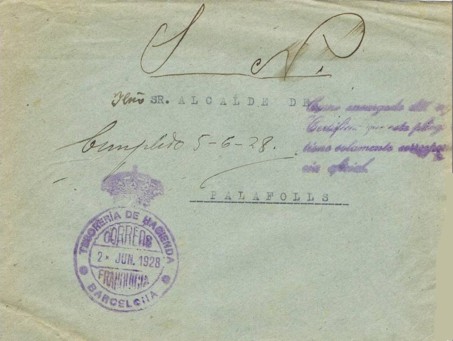 BARCELONA, Tesoreria de hacienda 1928, corona monarquica