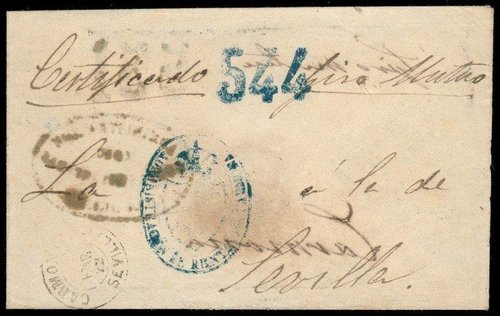 Agora 1872  Lora-Carmona-Sevilla  sobre certificado del Giro Mutuo recirculado ambas caras interior de Lora 551 y marca Rentas Estancadas y en el exterior 544 marca y fech.jpg