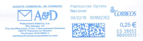 Franqueo digital. Azul. NB900013. 28053. Publicorreo Optimo Nacional. 2016-02-08.jpg