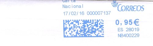Franqueo digital. Azul. NB400229. 28019. Carta Nacional. 2016-02-17.jpg