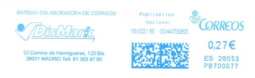 Franqueo digital. Azul. PB700077. 28053. Publicorreo Nacional. 2016-02-16.jpg