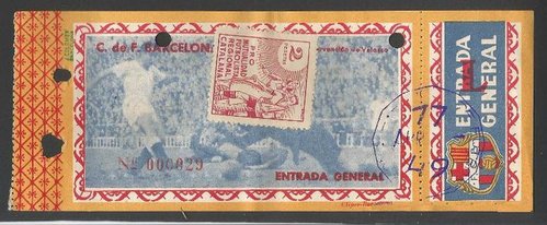 Vinetas. Pro-Mutualidad Futbolista Regional Catalana. 2 pesetas. Roja. 1949-04-17. Con entrada. Baja.jpg