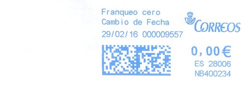 Franqueo digital. Azul. NB400234. 28006. Franqueo cero. Cambio de fecha.. 2016-02-29. Correos. Suc. 9 de Madrid.jpg