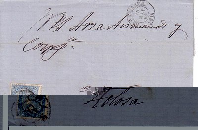 Salamanca 10 Mayo 1867, sello del 4 ctos azul, cancelado con la Rueda 40 Tipo I, al dorso fechador Tipo 1857 de llegada
