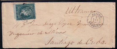 Alfaro a Santiago de Cuba, 5 FBR 60, uso tardio del sello de 1 Real de 1855