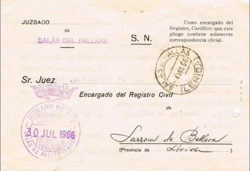SALÁS (Lerida) Juzgado de Paz 1966