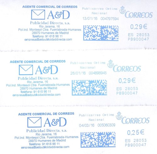 Franqueo digital. Azul. PB900047. 28053. Publicorreo Optimo Nacional. 2016-01-13, 26-01 y 04-03. Muestras de tinta. Baja.jpg