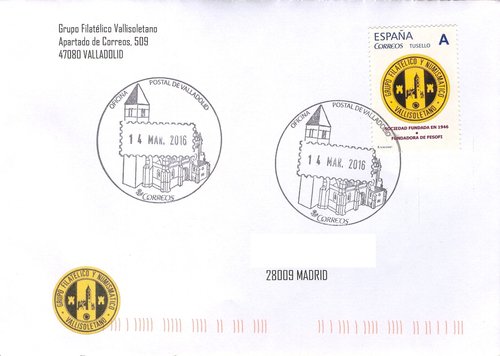 Sello personalizado. Valladolid. 2016. Grupo Filatelico y Numismatico Vallisoletano. Sobre matasellado. Baja.jpg