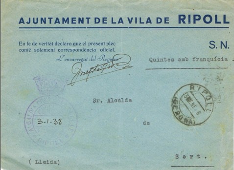 RIPOLL (Gerona) 1938  Alcaldia Franquicia Republica