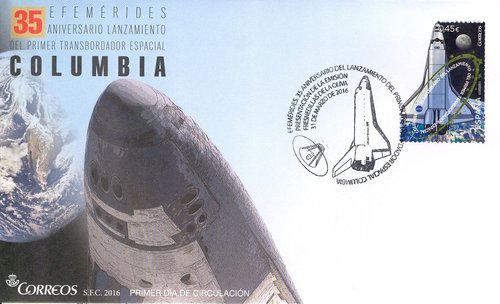 2016-03-31. Efemerides. 35 Aniversario del Lanzamiento del Primer Transbordador Columbia. Presentacion. 31-03-2016. Sobre matasellado. Baja.jpg