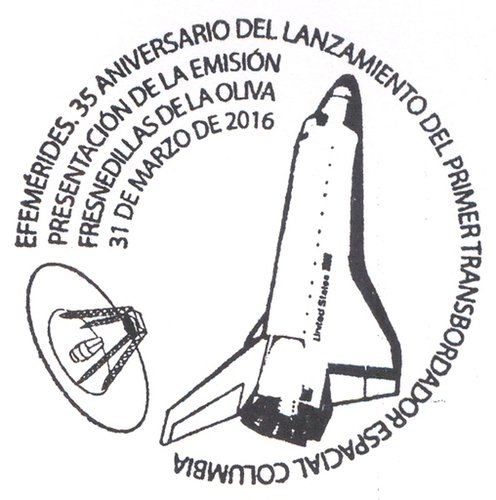 2016-03-31. Efemerides. 35 Aniversario del Lanzamiento del Primer Transbordador Columbia. Presentacion. 31-03-2016. Matasellos. Baja.jpg