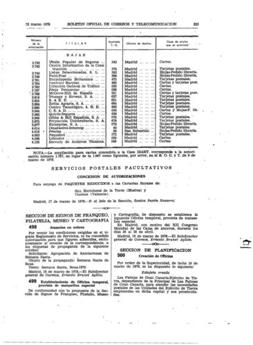 Correos. Boletin Oficial de Correos y Telecomunicacion. Ano 1978. 14. 1978-03-22. Pagina 323. Baja.jpg