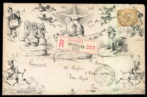 1840 Mulready and Caricatures and other Printed Envelopes. 1900 (May), the Deraedemaker facsimile of Fores's Comic Envelope No. 1 by Leech.jpg