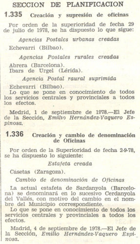 Correos. Boletin Oficial de Correos y Telecomunicacion. Ano 1978. 46. 1978-09-07. Pagina 1096. Parcial. Creacion, modificacion y supresion de oficinas.jpg