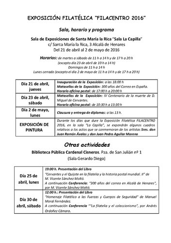 Alcala de Henares. 2016-04-21 al 02-05. Filacentro 2016. XXIV EXFILAL. Programa de actos. 2016-04-08.jpg