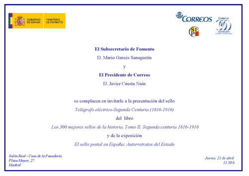 2016-04-21. 300 años de Correos en España (1716-2016). Telégrafo. Segunda Centuria. Presentación. 21-04-2016.jpg