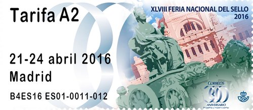 Madrid. 2016-04-21 al 24. XLVIII Feria Nacional del Sello. 2016-04-21 y 22. Estampillas. XLVIII Feria Nacional del Sello. Cibeles. Simulacion. Tarifa A2. Baja.jpg