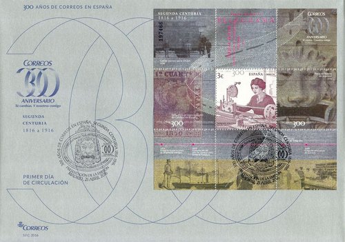 2016-04-21. 300 anos de Correos en Espana (1716-2016). Telegrafo. Segunda Centuria. Presentacion. 21-04-2016. Sobre matasellado. Baja.jpg