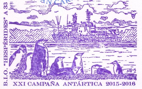 BAE Gabriel de Castilla. Campana Antartica del Ejercito de Tierra. Isla Decepcion. 2016-02-01. Sobre. Anverso. Marca B.I.O. Hesperides A-33. XXI Campana Antartica 2015-2016. Baja.jpg