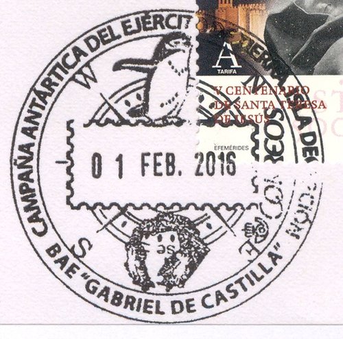 BAE Gabriel de Castilla. Campana Antartica del Ejercito de Tierra. Isla Decepcion. 2016-02-01. Sobre. Anverso. Matasellos. Baja.jpg