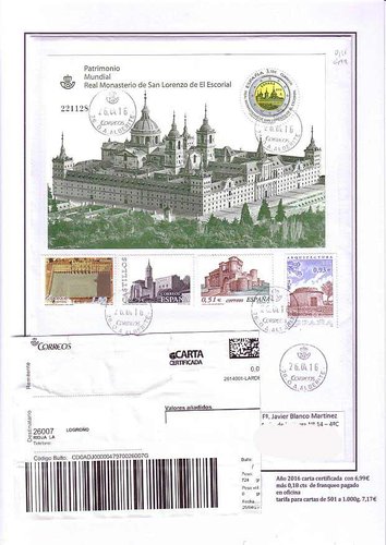 Año 2016 carta certificada  con 6,99€  más 0,18 cts  de franqueo pagado en oficina,<br /> tarifa para cartas de 501 a 1.000g. 7,17€