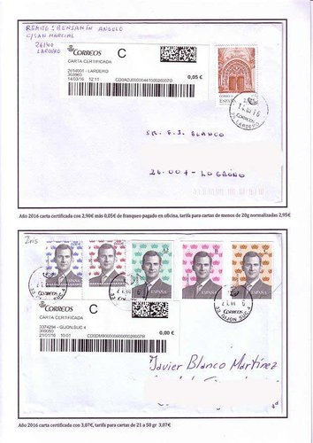 Año 2016 carta certificada con 3,29€, tarifa para cartas de 21 a 50 gr  3,07€---Año 2016 carta certificada con 3,07€, tarifa para cartas de 21 a 50 gr  3,07€