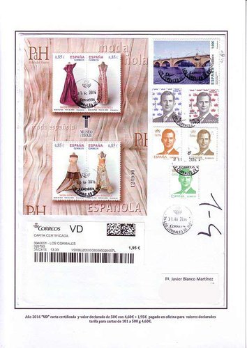 Año 2016 “VD” carta certificada  y valor declarado de 50€ con 4,60€ + 1,95€  pagado en oficina para  valores declarados  <br />tarifa para cartas de 101 a 500 g 4,60€.