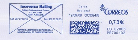 Franqueo digital. Azul. PB700192. 02003. Carta nacional. 2008-06-19. Sin raya debajo del sobre.jpg