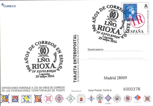 Logrono. 2016-05-29. IV Exfilrioja. Tarjeta prefranqueada de Fesofi 2. Anverso. Baja.jpg