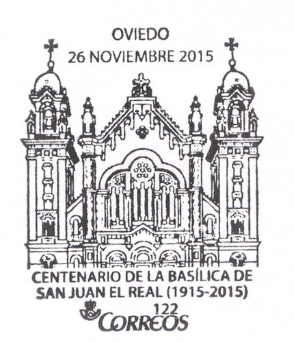 Sello personalizado. Oviedo. 2015-11-26. Centenario de la Basilica de San Juan el Real. Matasellos. Baja.jpg