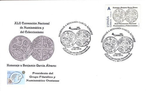 Sello personalizado. Oviedo. 2016-02-12. XLII Convencion Nacional de Numismatica y Coleccionismo. Sobre. Anverso. Baja.jpg