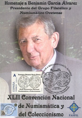 Sello personalizado. Oviedo. 2016-02-12. XLII Convencion Nacional de Numismatica y Coleccionismo. Tarjeta. Anverso. Baja.jpg