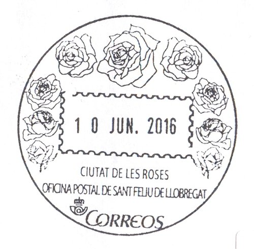 Matasellos turistico. Sant Feliu de Llobregat. Oficina Postal. Ciutat de le Roses. 2016-06-10. Baja.jpg