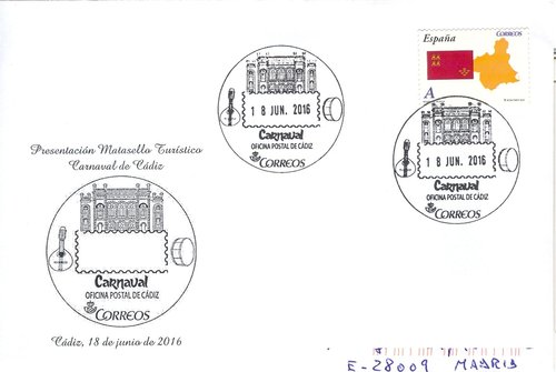 Matasellos turistico. Cadiz. Oficina Postal. Carnaval. 2016-06-18. Sobre. Baja.jpg