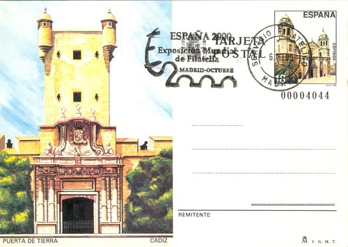 Rodillo Servicio Filatelico Exposicion Mundial Espana 2000. Corto. 2000-10-06. De favor sobre entero postal del ano 1988. Numero 145. Baja.jpg
