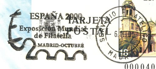 Rodillo Servicio Filatelico Exposicion Mundial Espana 2000. Corto. 2000-10-06. De favor sobre entero postal del ano 1988. Numero 145. Detalle. Baja.jpg