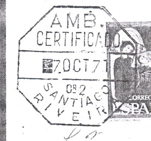 Ambulantes de carretera. Guillermo Alvarez Rubio. Pagina 010. 4. AMB. = CERTIFICADO = Ca 2 = SANTIAGO = RIVEIRA = -7.OCT.71. Baja.jpg