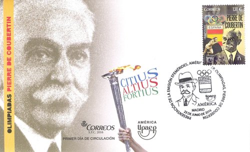 2016-06-23. America UPAEP. Olimpiadas. Baron Pierre de Coubertin. Presentacion. 2016-06-30. Sobre matasellado. Baja.jpg