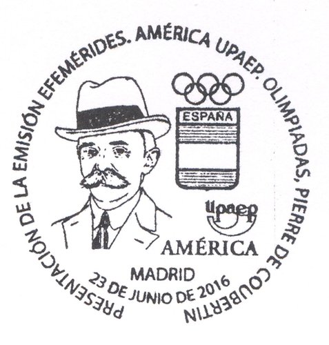 2016-06-23. America UPAEP. Olimpiadas. Baron Pierre de Coubertin. Presentacion. 2016-06-30. Matasellos. Baja.jpg