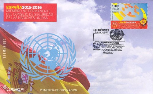 2016-07-07. Efemerides. Espana 2015-2016. Miembro no permanente del Consejo de Seguridad de la ONU. Presentacion. 2016-07-07. Sobre matasellado.jpg