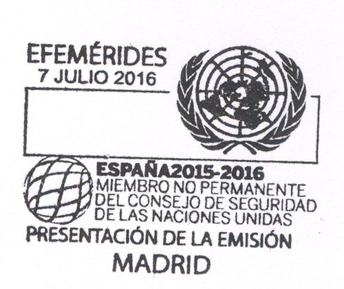 2016-07-07. Efemerides. Espana 2015-2016. Miembro no permanente del Consejo de Seguridad de la ONU. Presentacion. 2016-07-07. Matasellos.jpg