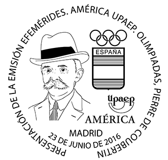 2016-06-23. América UPAEP. Olimpiadas. Barón Pierre de Coubertin. Presentación. 2016-06-30. Matasellos. Boceto.jpg