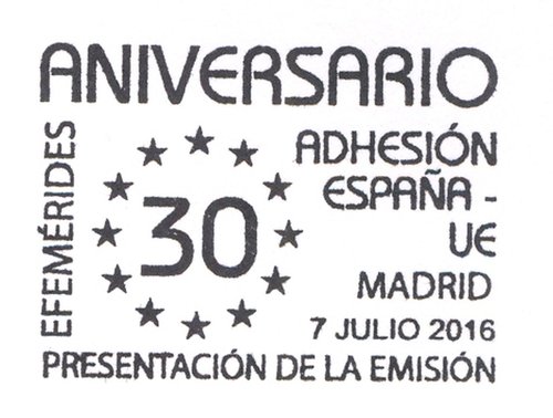 2016-07-07. Efemerides. 30 Aniversario de la Adhesion de Espana a las Comunidades Europeas. Presentacion. 2016-07-12. Matasellos. Baja.jpg