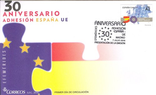 2016-07-07. Efemerides. 30 Aniversario de la Adhesion de Espana a las Comunidades Europeas. Presentacion. 2016-07-12. Sobre matasellado. Baja.jpg