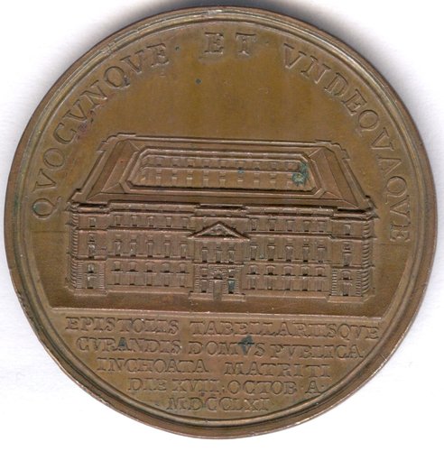 Medalla. 1762-1763. Carlos III. Inicio de las obras de la Casa de Correos y Postas de Madrid. Bronce. Reverso. Baja.jpg