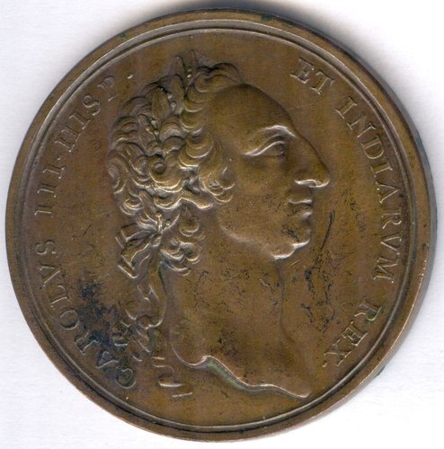 Medalla. 1762-1763. Carlos III. Inicio de las obras de la Casa de Correos y Postas de Madrid. Bronce. Anverso. Baja.jpg