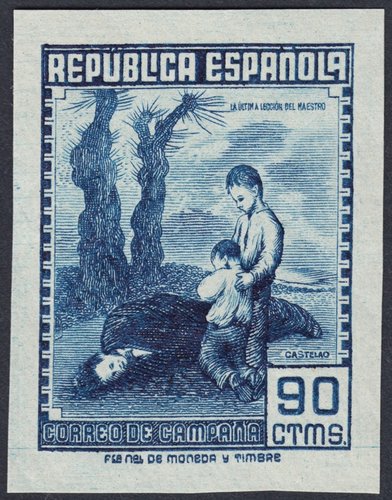 Correo de campaña. La última lección del maestro, de Castelao. Sello no expendido.