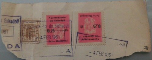 Fragmento SABADELL con 25 cts rosa fuerte 1961