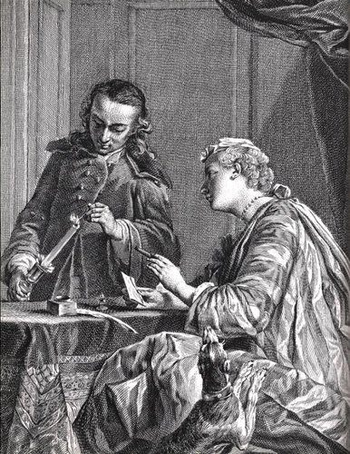 Señora sellando una carta, grabado de Etienne Fessard