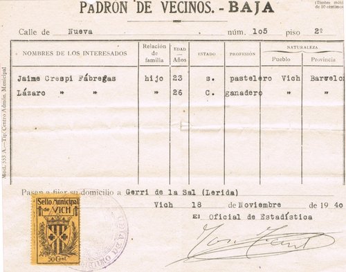 VICH documento  1940 50 ct  negro sobre ocre